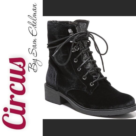 CIRCUS BY SAM EDELMAN Dawson Black Velvet Studded Combat Boot, Size 7 - Picture 1 of 9